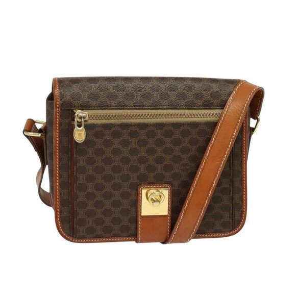 CELINE Macadam Canvas Shoulder Bag PVC Leather Brown Gold - Picture 1 of 16